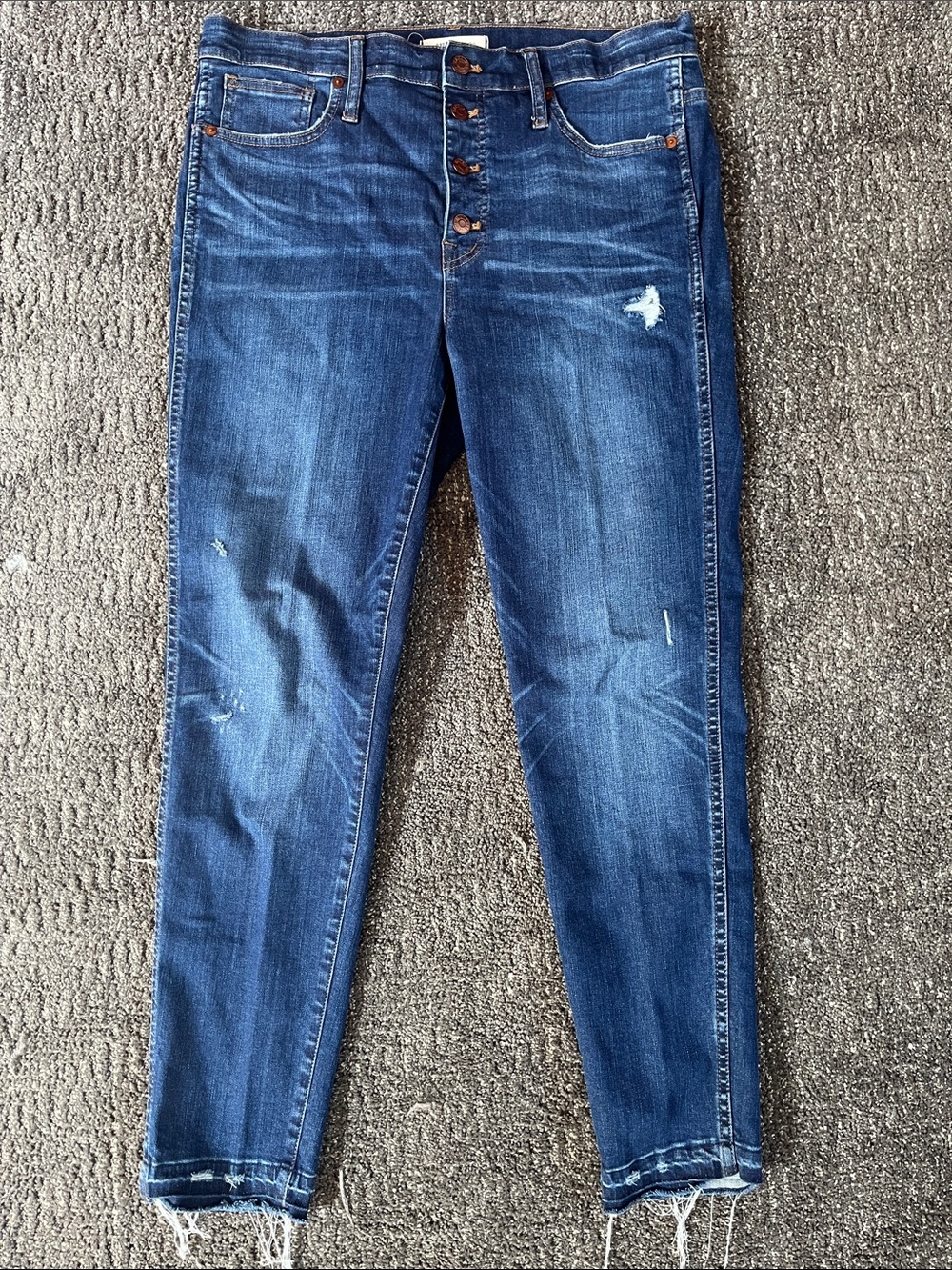 Madewell button fly Dark Blue Distressed released hem skinny Ankle Jeans sz 31